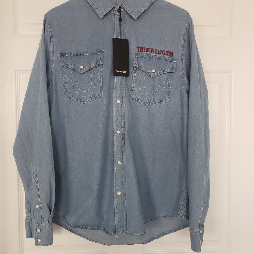 True Religion Men's Chambray Denim Western Pearl Snap Long Sleeve Shirt Sz L NWT